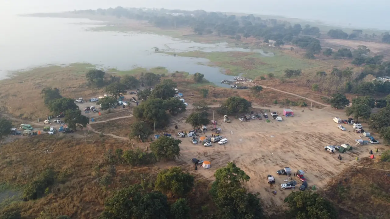 Aerial view of the Sangam 2025 campsite beside the Hirakud backwaters in Odisha
