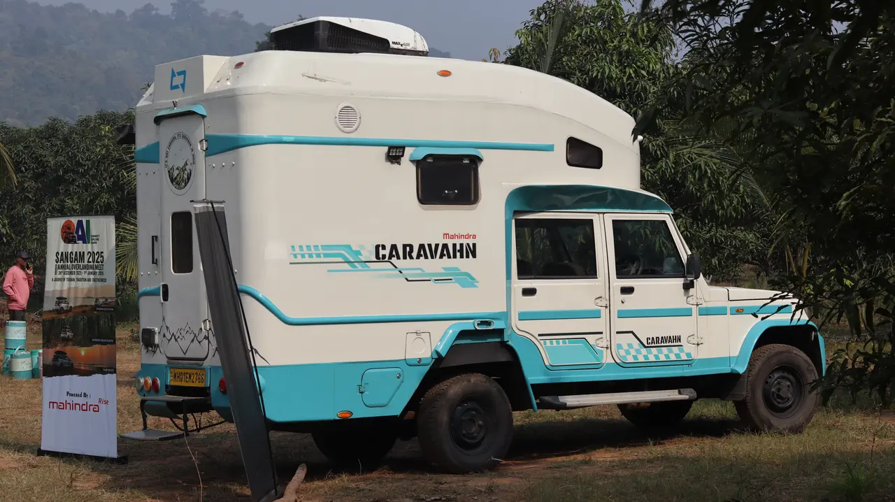 A Mahindra Caravahn overlanding rig on display at Sangam 2025